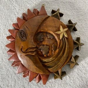 Vintage Hand Carved Wooden Sun Moon And Stars Textured Wall Art